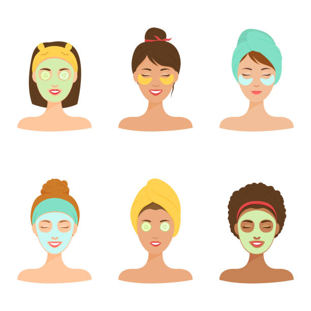 illustrations, cliparts, dessins animés et icônes de soins personnels à la maison ensemble. différentes filles avec un masque cosmétique sur son visage. - cucumber facial mask human face women