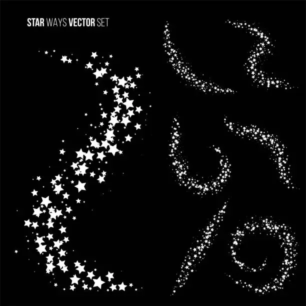 Vector illustration of White star ways vector illustrations set. Shimmering clouds with stars isolated on black background. Magic stardust backdrops. Abstract sparkling vortex. Fairy glowing whirl creative wallpapers.