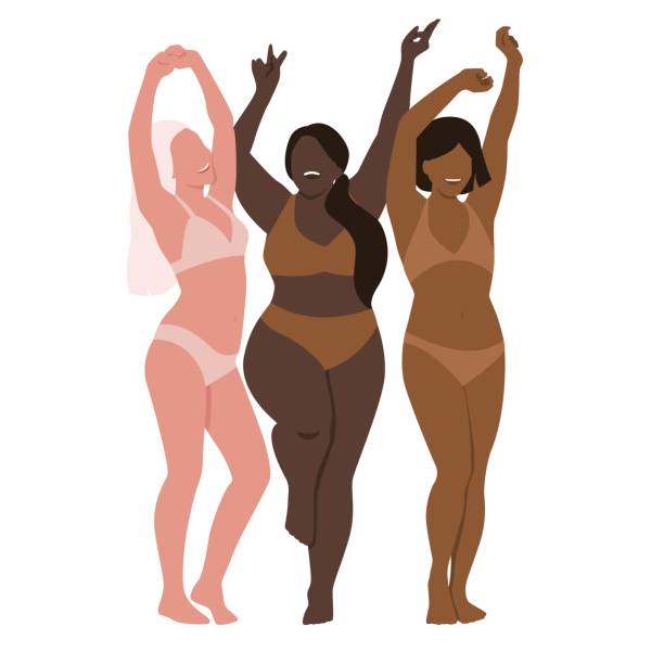 Dancing women vector illustration Dancing girls vector illustration. Flat vector of three dancing young women - caucasian, African and Indian - wearing bikini. Nude colours. Diversity, body positive, beauty concepts. nude coloured stock illustrations