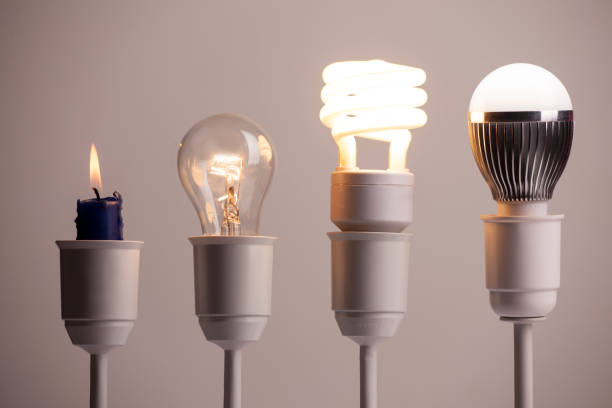 istock Progress of lighting with candle, tungsten, fluorescent and LED 1248568555