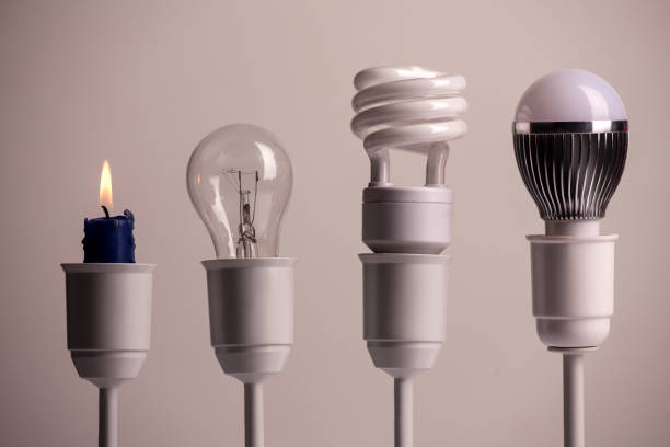 istock Progress of lighting with candle, tungsten, fluorescent and LED 1248568559
