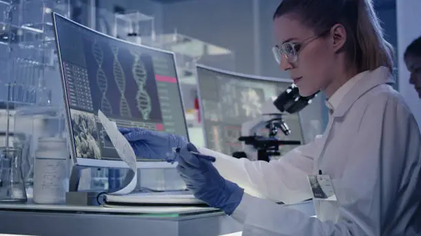 Photo of Female research team studying DNA mutations. Computer screens with DNA helix in foreground