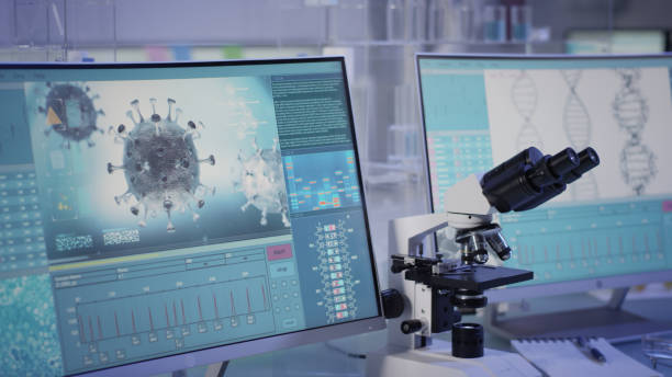equipo de laboratorio futurista - lucha con coronavirus - microscope laboratory science research fotografías e imágenes de stock