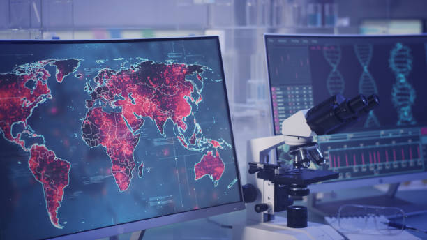 laboratorio futurista. alto nivel de infectividad en el mapa del mundo. analizar mutaciones en el adn - infectivity fotografías e imágenes de stock