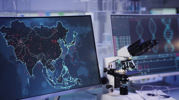 laboratorio futurista. nivel de propagación de virus en el mapa de asia - baja infectividad. analizar mutaciones en el adn - infectivity fotografías e imágenes de stock