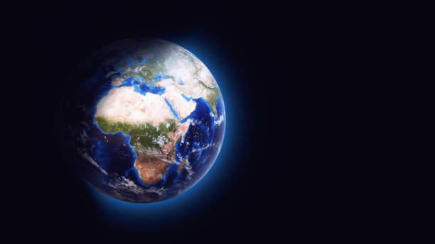 creato digitalmente globo astratto della terra nello spazio con atmosfera, formato 16:9, focalizzato su europa e africa, isolato sul colore nero puro - three dimensional shape continents bright blue foto e immagini stock