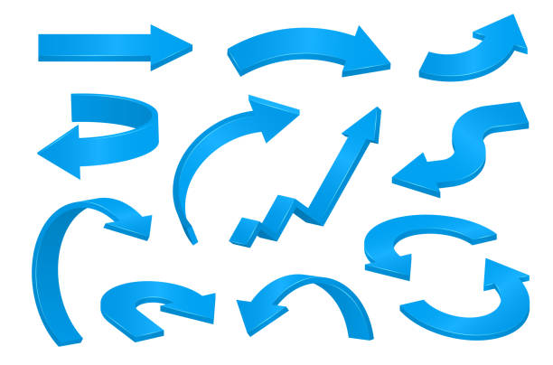 niebieskie strzałki 3d o różnych kształtach ustawione. krzywa, zygzak, faliste, półokrągłe, długie, krótkie kursory wolumetryczne, wskaźniki. w dół, w górę, w prawo, w lewo błyszczące kierunku wektor ikony internetowe kolekcja izolowane na - moving down arrow sign symbol three dimensional shape stock illustrations