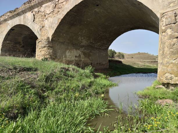 istock Old soviet stone cracked bridge. Muddy river. Green grass. Blue sky. Olishkany - Moldova 1248572759