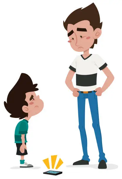 Vector illustration of Father and son having a conversation on the broken cell phone