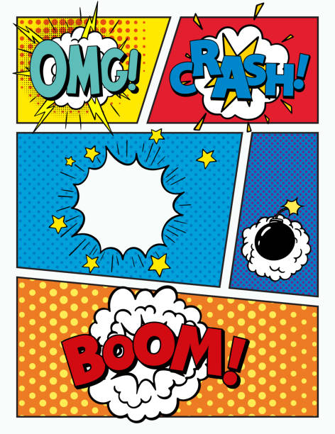 colorful background. Comic book page. Pop Art Style Blank colorful background. Comic book page. Pop Art Style Blank. Vintage comics book poster. comic sound effect comic book layout stock illustrations