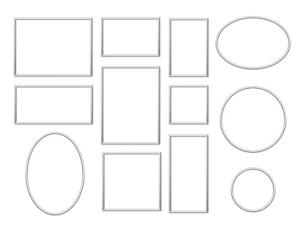 ilustrações de stock, clip art, desenhos animados e ícones de rectangular and round silver photo or picture frames in different proportions and sizes isolated on white background. vector chrome borders set. square, rectangle, oval and circle. - picture frame classical style elegance rectangle
