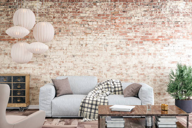 istock Retro living room with sofa brick wall background 1248588155