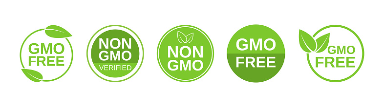 GMO free icons. Non GMO label set. Healthy organic food concept. No GMO design elements for tags, product packag, food symbol, emblems, stickers. Vegan, bio. Vector illustration.