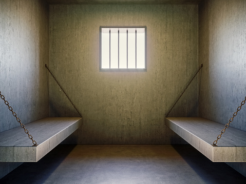 View of the prison cell with sun shining through the window, 3d Render, 3d Illustration