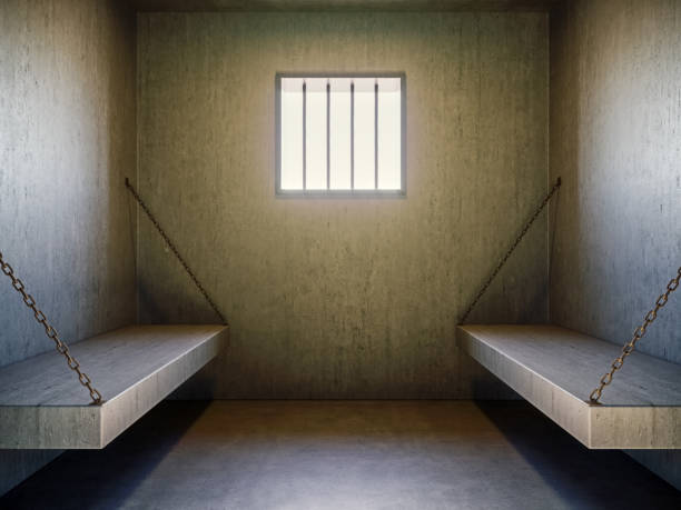 view of the prison cell with sun shining through the window, 3d render, 3d illustration - cela imagens e fotografias de stock