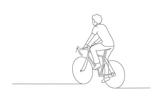illustrazioni stock, clip art, cartoni animati e icone di tendenza di uomo in bicicletta. - line art illustrazioni
