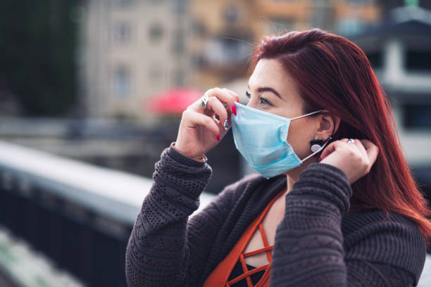 istock Woman Puts On Protective Face Mask. 1248592916