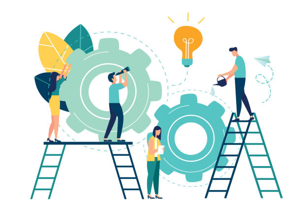 Flat vector illustration, teamwork on finding new ideas, little people launch a mechanism, search for new solutions, creative work Flat vector illustration, teamwork on finding new ideas, little people launch a mechanism, search for new solutions, creative work illustration stock illustrations