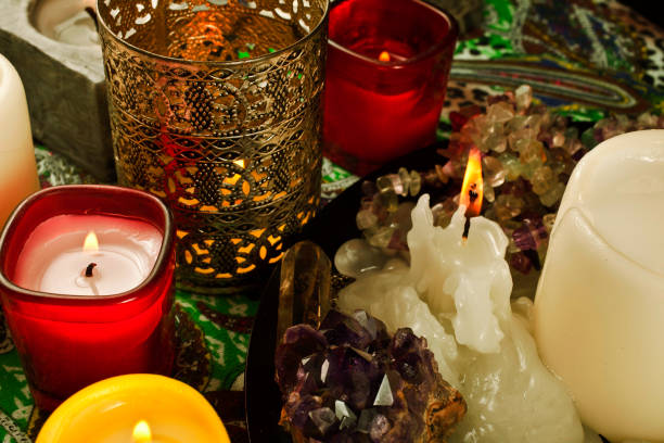 istock Candles with gemstones and crystals 1248594511