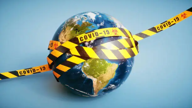 Realistic Earth globe wrapped in stripped security tape with the word COVID-19 and a biohazard symbol, 16:9 format