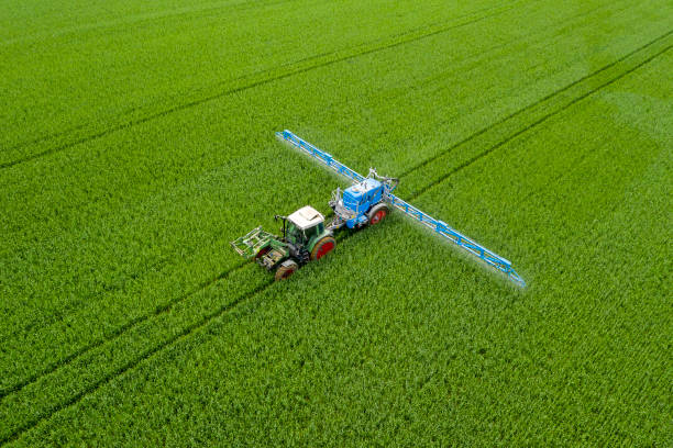tractor pulverizando campo de trigo, vista aérea - fertilizante fotos fotografías e imágenes de stock