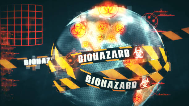 istock Abstract digital Earth globe, wrapped in yellow and black stripped security tape with Biohazard symbol infographic icons overlay 1248595545
