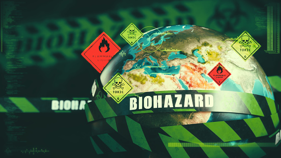 Earth globe focused on Europe, wrapped in stripped green and black security tape with the word BIOHAZARD and environmental warning infographics