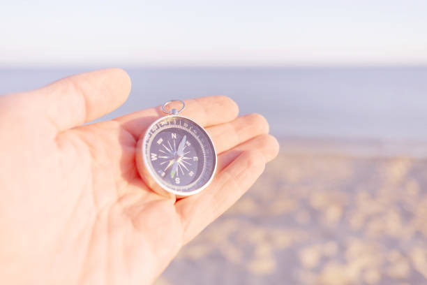istock Male hand with magnetic compass on sea shore. 1248597266