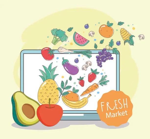 Vector illustration of laptop menu ingredients fresh market organic healthy food with fruits and vegetables