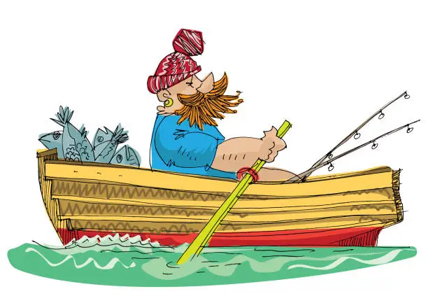 Vector illustration of fisher in paddle boat
