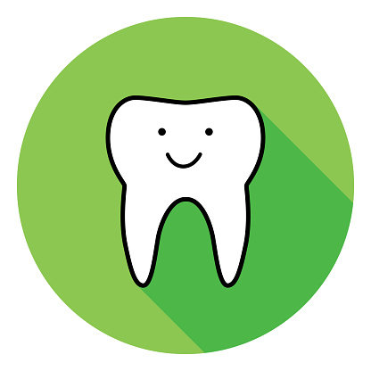 Vector illustration of a cute smiling tooth on a green circle background.