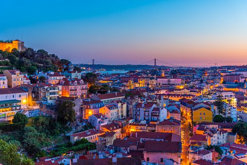 Aerial view of downtown Lisbon from Graca viewpoint, Portugal