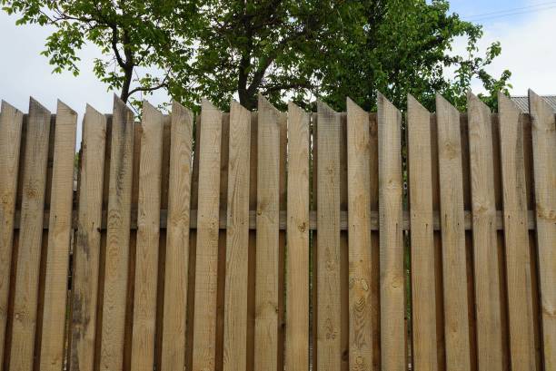 istock long brown fence from wooden boards 1248617808