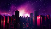 Retro futuristic city flythrough background. 80s sci-fi landscape in space