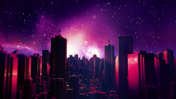 Retro futuristic city flythrough background. 80s sci-fi landscape in space Retro futuristic city flythrough background. 80s sci-fi synthwave landscape in space with stars. Vaporwave stylized VJ 3D illustration for EDM music video, videogame intro. 4K motion design retrowave vaporwave photos stock pictures, royalty-free photos & images
