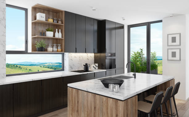 istock Modern Scandinavian black kitchen with big island table 1248621840