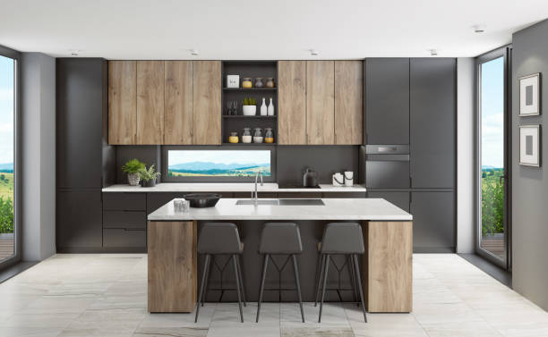istock Modern Scandinavian black kitchen with big island table 1248621841