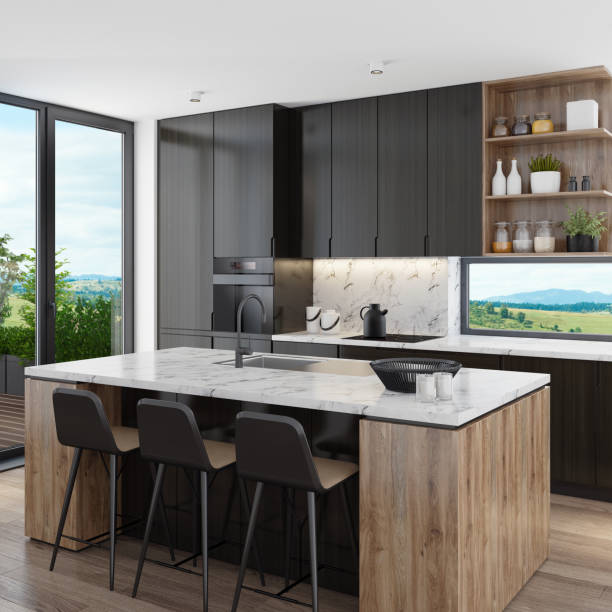 istock Modern Scandinavian black kitchen with big island table 1248621883