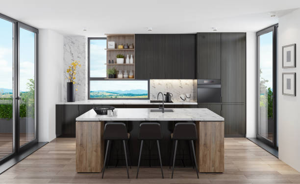 istock Modern Scandinavian black kitchen with big island table 1248621893