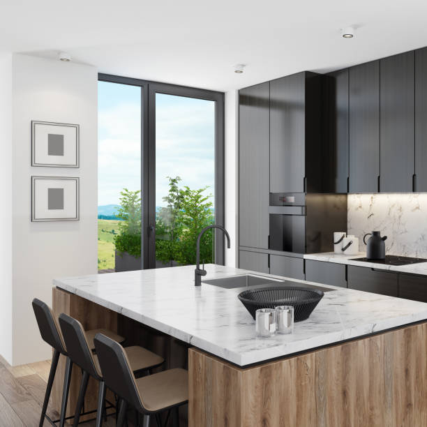istock Modern Scandinavian black kitchen with big island table 1248621914