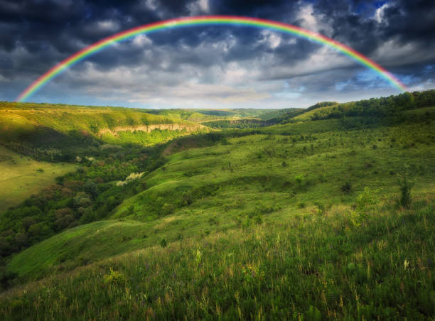 istock Beautiful landscape with a rainbow in the sky 1248625721