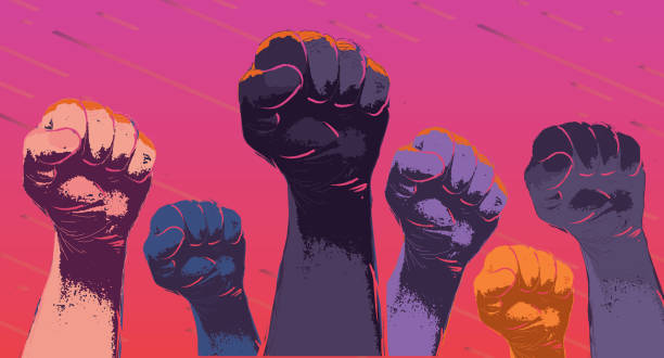 Group of protesters or activists hands in the air Vector illustration of a Group of colorful protesters or activists hands in the air. Can be used for Black empowerment protests , Rally's, Political Voting, Sexism and Racism social issues. Includes fully editable. vector eps 10. activist stock illustrations