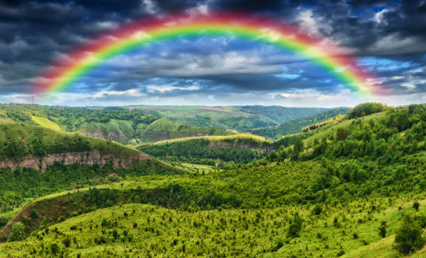 istock Beautiful landscape with a rainbow in the sky 1248626407