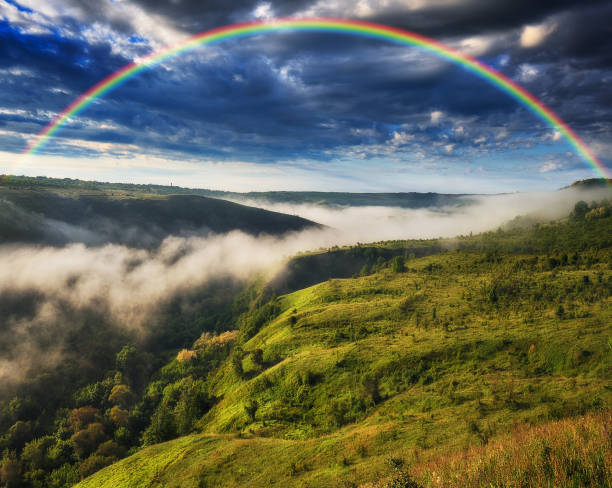 istock Beautiful landscape with a rainbow in the sky 1248626702