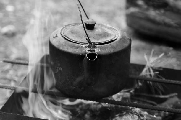 sooty stary teakettle na ognisku z dymem w lesie - kociołek herbaty zdjęcia i obrazy z banku zdjęć