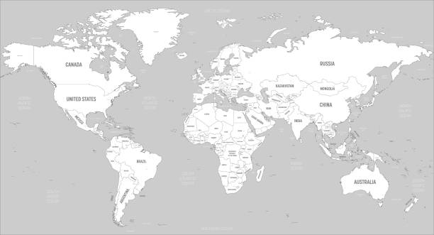 weltkarte - weiße länder und graues wasser. hohe detaillierte politische karte der welt mit land-, hauptstadt-, ozean- und seenamen-kennzeichnung - world map map vector countries stock-grafiken, -clipart, -cartoons und -symbole