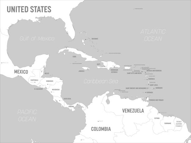 istock Central America map - white lands and grey water. High detailed political map Central American and Caribbean region with country, capital, ocean and sea names labeling 1248630165