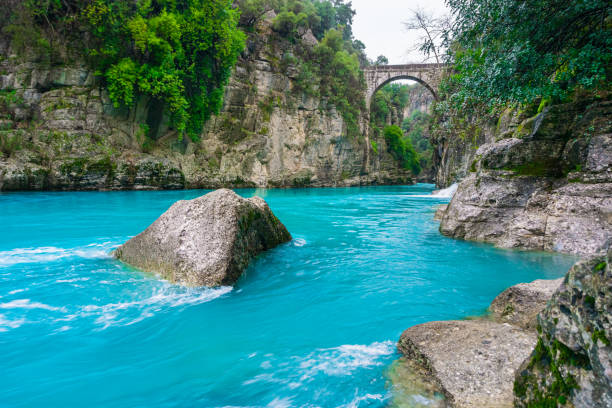 le pont est connu sous le nom de pont « bugrum ou oluk ». paysage de fleuve de koprucay du parc national de canyon de koprulu à manavgat, antalya, turquie. l’architecture romaine antique. - rafting on a mountain river photos et images de collection