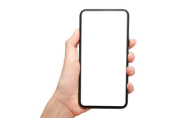 istock Hand holding phone isolated on white background with clipping path. 1248637752
