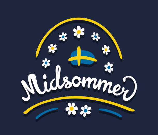 Midsommar or Midsummer in swedish language. Summer solstice celebrated in Sweden and scandinavian countries in june. Digital drawn vintage calligraphic lettering with flag and flowers. swedish summer stock illustrations